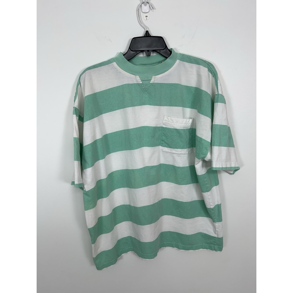 Vtg Resolute Bay Retro Mint & White Beach Wide Striped Short Sleeve Pocket Tee L
